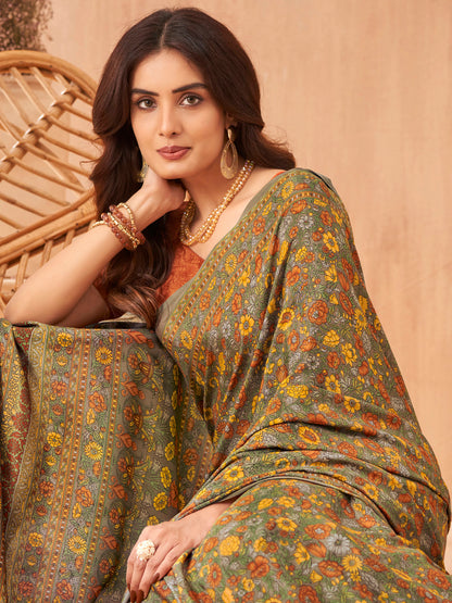 Women's Crepe Rust Printed Designer Saree With Blouse Piece