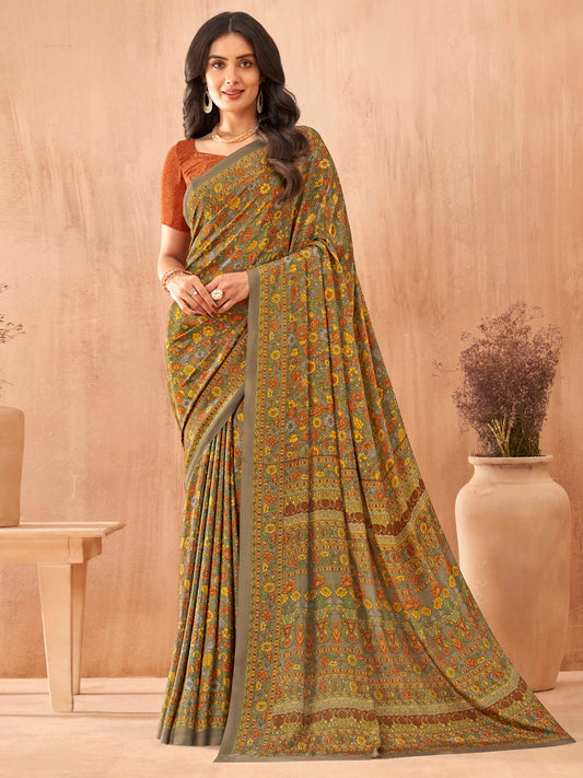 Women's Crepe Rust Printed Designer Saree With Blouse Piece