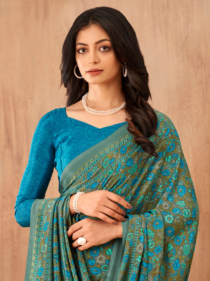 Women's Crepe Blue Printed Designer Saree With Blouse Piece