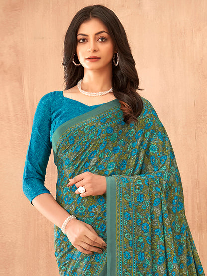 Women's Crepe Blue Printed Designer Saree With Blouse Piece