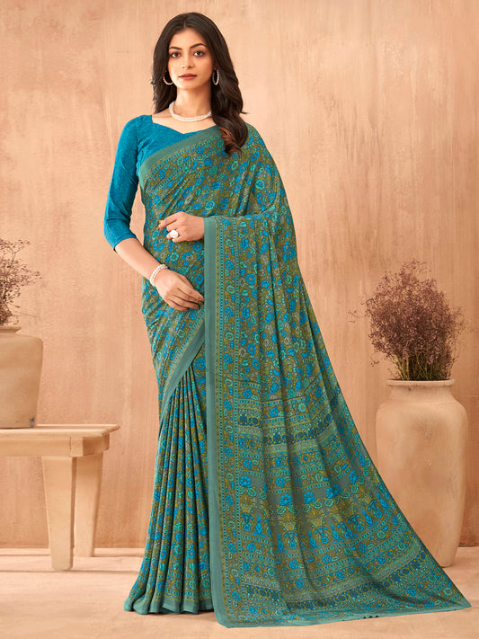 Women's Crepe Blue Printed Designer Saree With Blouse Piece