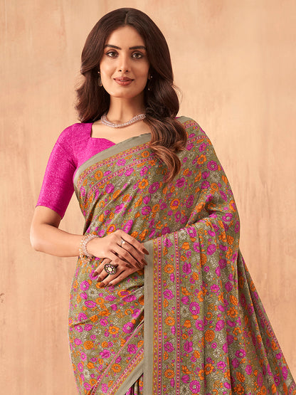 Women's Crepe Pink Printed Designer Saree With Blouse Piece