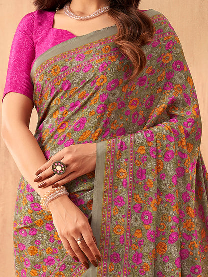 Women's Crepe Pink Printed Designer Saree With Blouse Piece