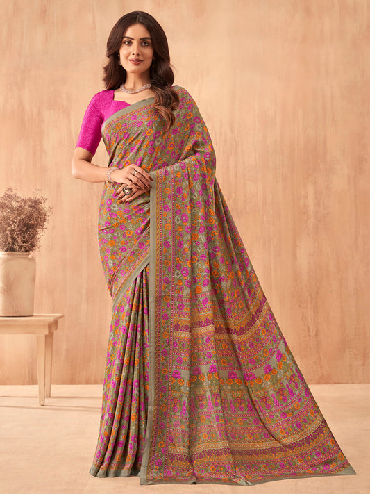 Women's Crepe Pink Printed Designer Saree With Blouse Piece