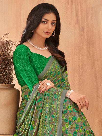 Women's Crepe Green Printed Designer Saree With Blouse Piece