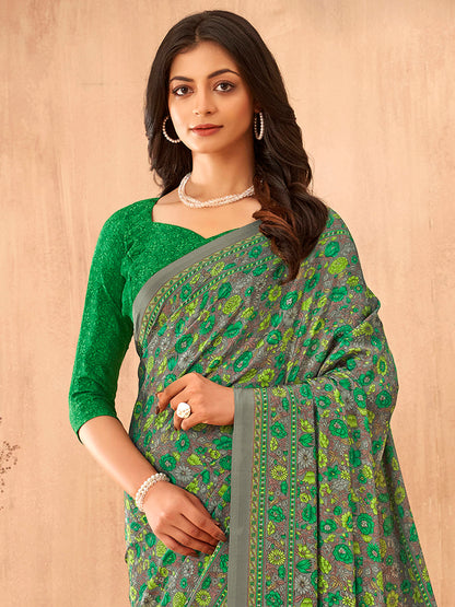 Women's Crepe Green Printed Designer Saree With Blouse Piece