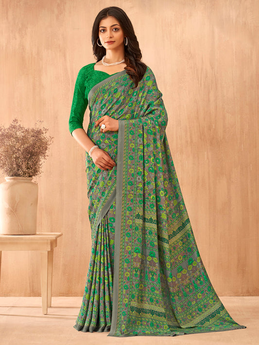 Women's Crepe Green Printed Designer Saree With Blouse Piece
