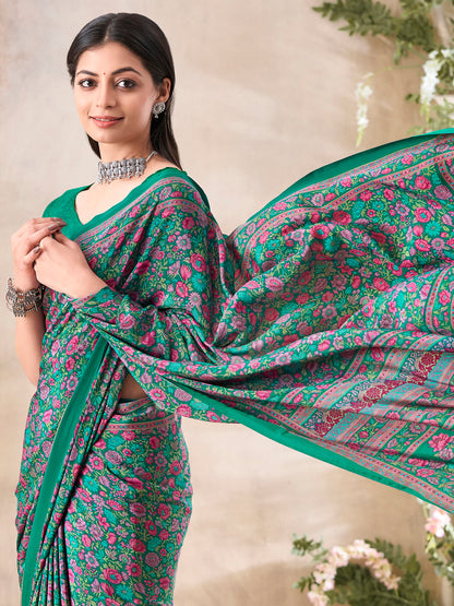 Women's Crepe Green Printed Designer Saree With Blouse Piece