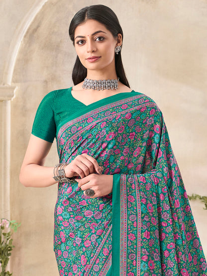 Women's Crepe Green Printed Designer Saree With Blouse Piece