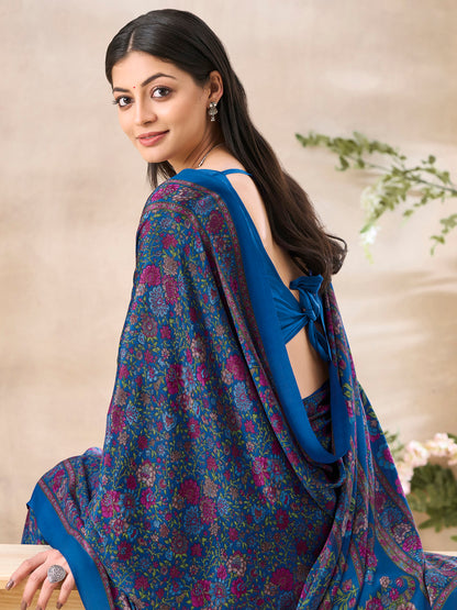 Women's Crepe Blue Printed Designer Saree With Blouse Piece