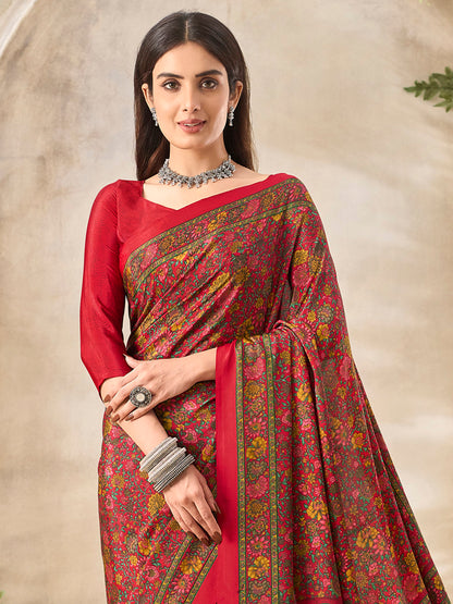 Women's Crepe Red Printed Designer Saree With Blouse Piece