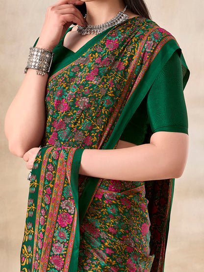 Women's Crepe Green Printed Designer Saree With Blouse Piece
