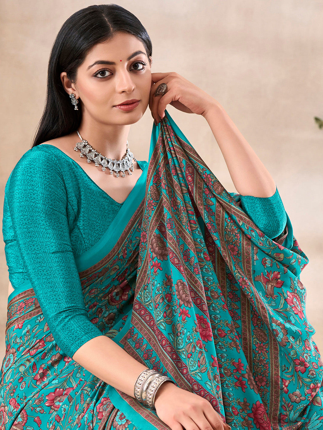 Women's Crepe Light Blue Printed Designer Saree With Blouse Piece
