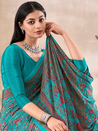 Women's Crepe Light Blue Printed Designer Saree With Blouse Piece