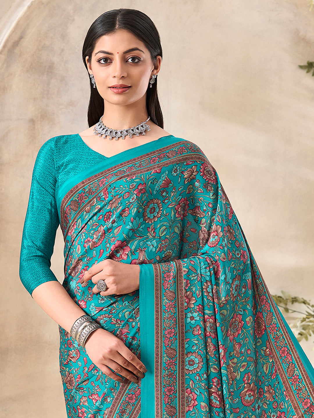 Women's Crepe Light Blue Printed Designer Saree With Blouse Piece