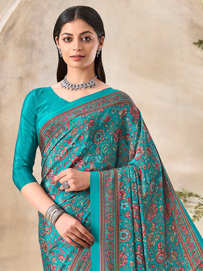 Women's Crepe Light Blue Printed Designer Saree With Blouse Piece