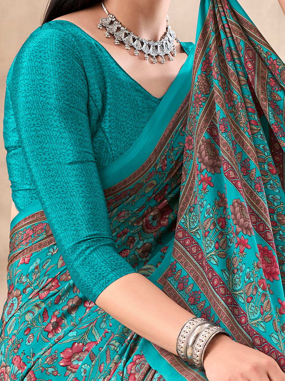 Women's Crepe Light Blue Printed Designer Saree With Blouse Piece