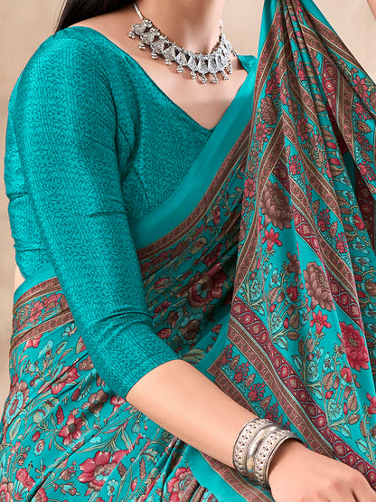 Women's Crepe Light Blue Printed Designer Saree With Blouse Piece