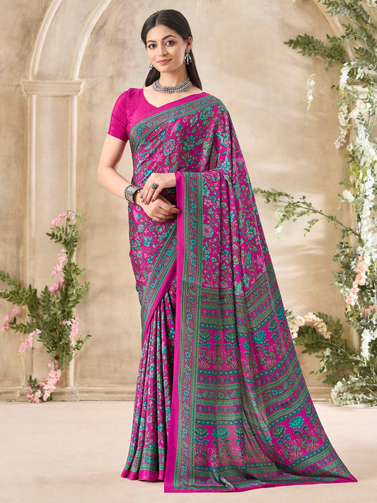 Women's Crepe Pink Printed Designer Saree With Blouse Piece