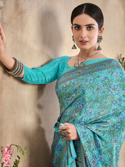 Women's Crepe Light Blue Printed Designer Saree With Blouse Piece