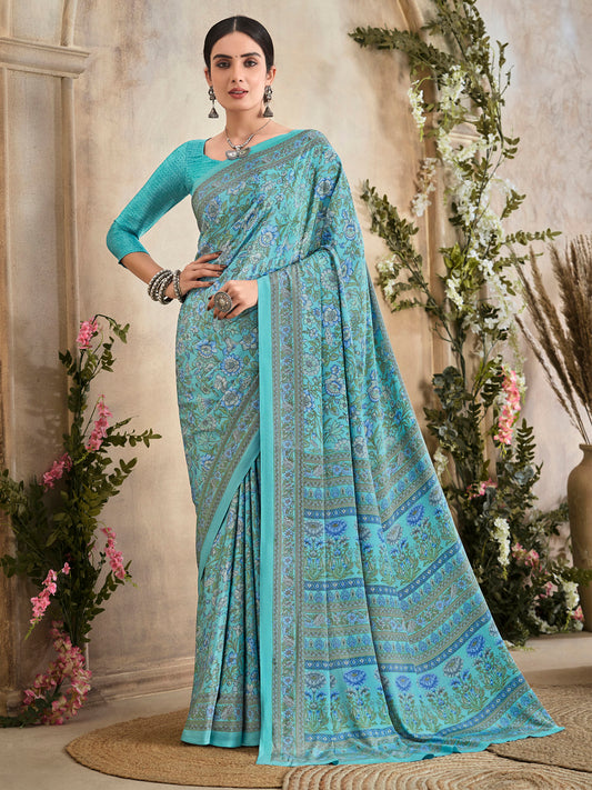 Women's Crepe Light Blue Printed Designer Saree With Blouse Piece