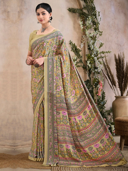 Women's Crepe Beige Printed Designer Saree With Blouse Piece