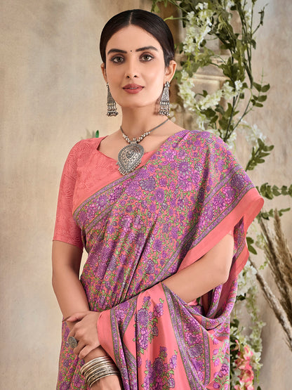 Women's Crepe Peach Printed Designer Saree With Blouse Piece