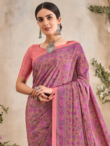 Women's Crepe Peach Printed Designer Saree With Blouse Piece