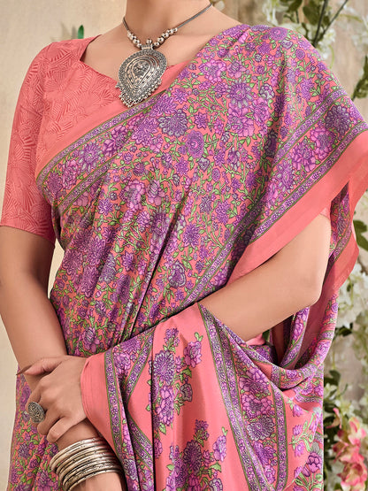 Women's Crepe Peach Printed Designer Saree With Blouse Piece