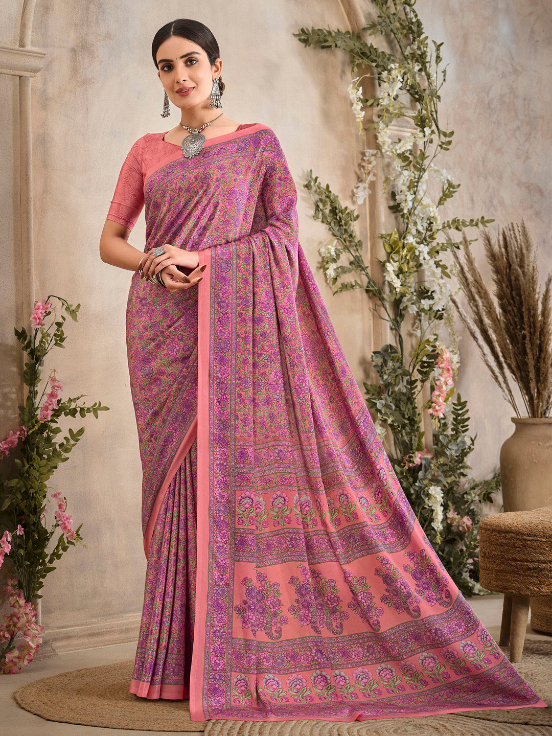 Women's Crepe Peach Printed Designer Saree With Blouse Piece
