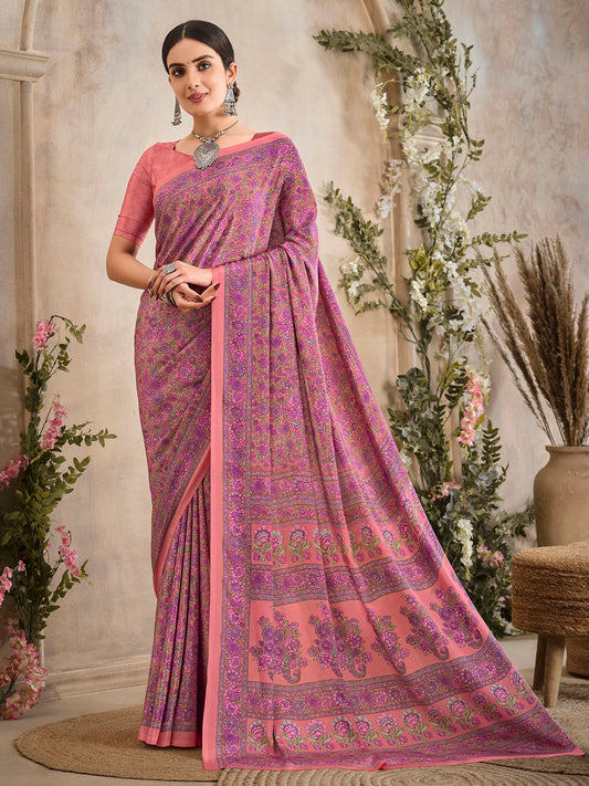 Women's Crepe Peach Printed Designer Saree With Blouse Piece