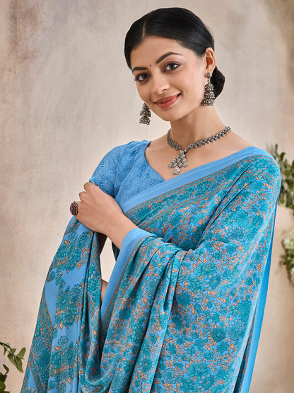 Women's Crepe Light Blue Printed Designer Saree With Blouse Piece