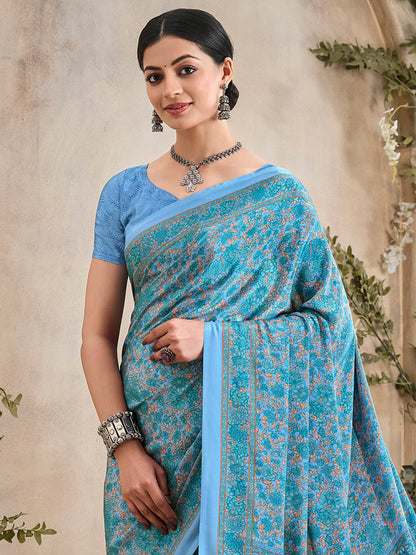 Women's Crepe Light Blue Printed Designer Saree With Blouse Piece