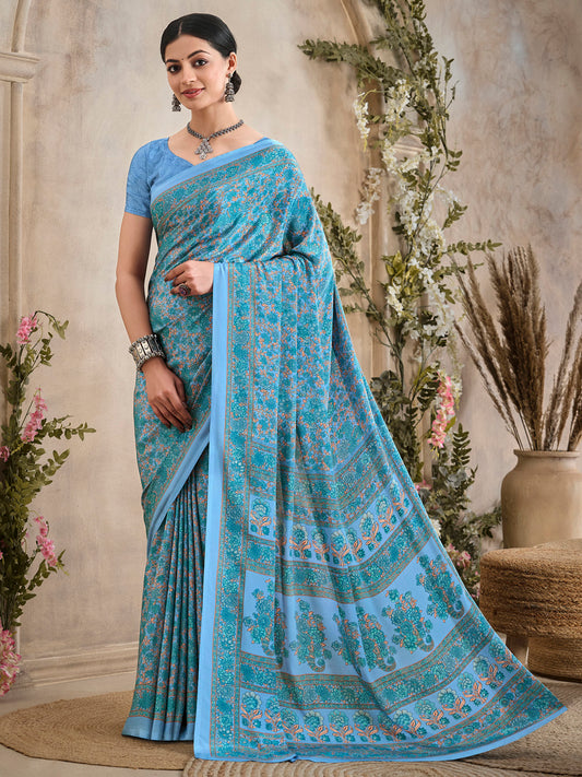 Women's Crepe Light Blue Printed Designer Saree With Blouse Piece