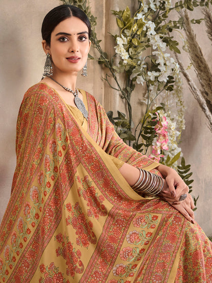 Women's Crepe Beige Printed Designer Saree With Blouse Piece