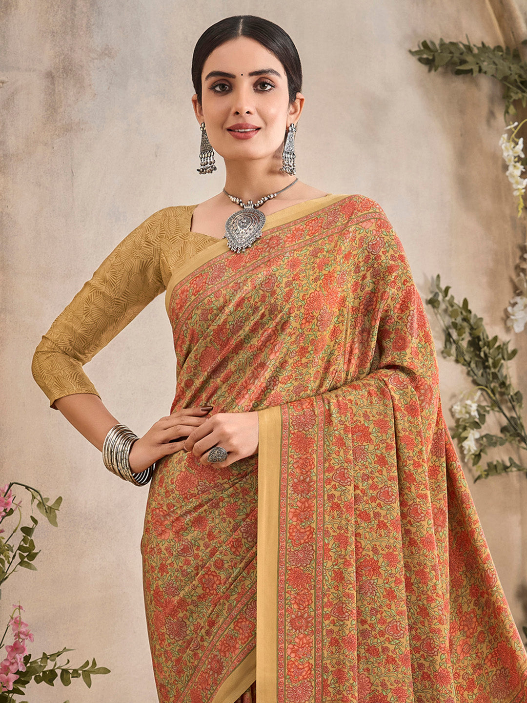 Women's Crepe Beige Printed Designer Saree With Blouse Piece