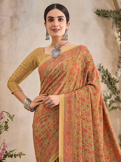 Women's Crepe Beige Printed Designer Saree With Blouse Piece