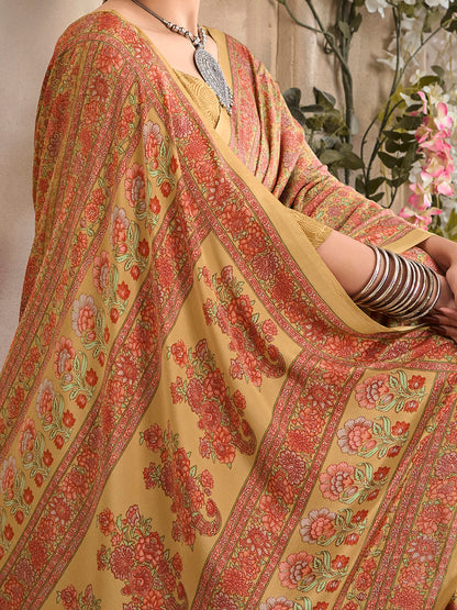 Women's Crepe Beige Printed Designer Saree With Blouse Piece