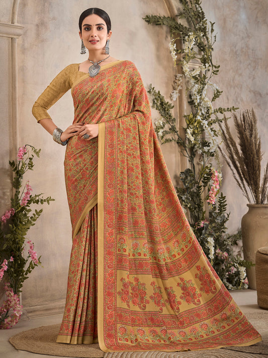Women's Crepe Beige Printed Designer Saree With Blouse Piece