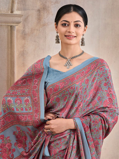 Women's Crepe Grey Printed Designer Saree With Blouse Piece