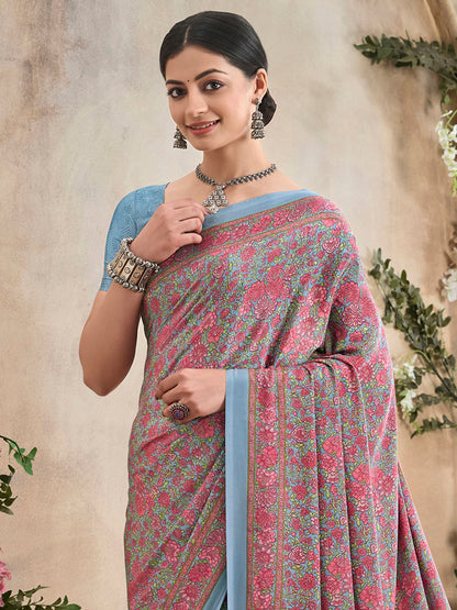 Women's Crepe Grey Printed Designer Saree With Blouse Piece