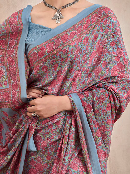 Women's Crepe Grey Printed Designer Saree With Blouse Piece
