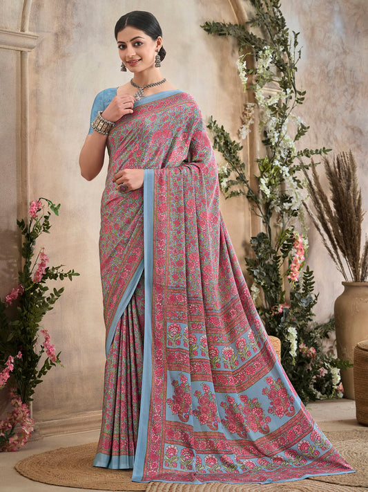 Women's Crepe Grey Printed Designer Saree With Blouse Piece
