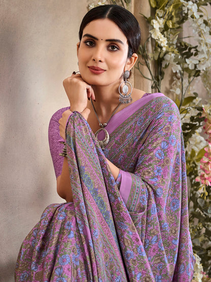Women's Crepe Mauve Printed Designer Saree With Blouse Piece