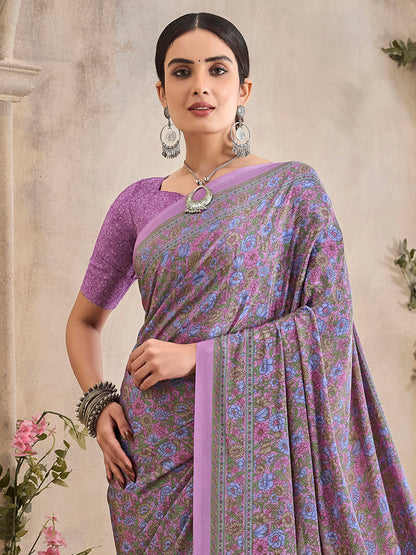 Women's Crepe Mauve Printed Designer Saree With Blouse Piece