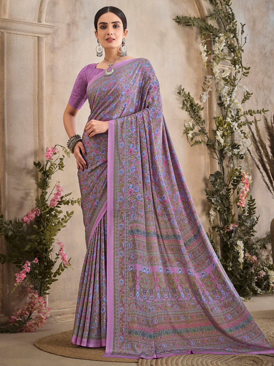 Women's Crepe Mauve Printed Designer Saree With Blouse Piece
