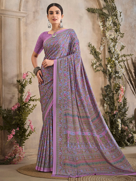Women's Crepe Mauve Printed Designer Saree With Blouse Piece