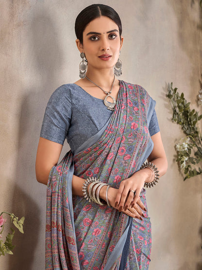 Women's Crepe Grey Printed Designer Saree With Blouse Piece