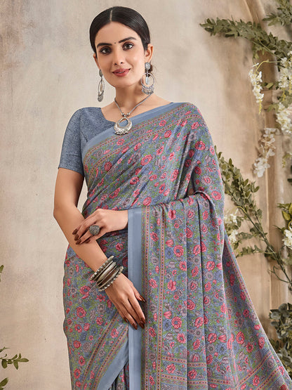 Women's Crepe Grey Printed Designer Saree With Blouse Piece