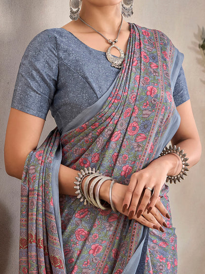 Women's Crepe Grey Printed Designer Saree With Blouse Piece